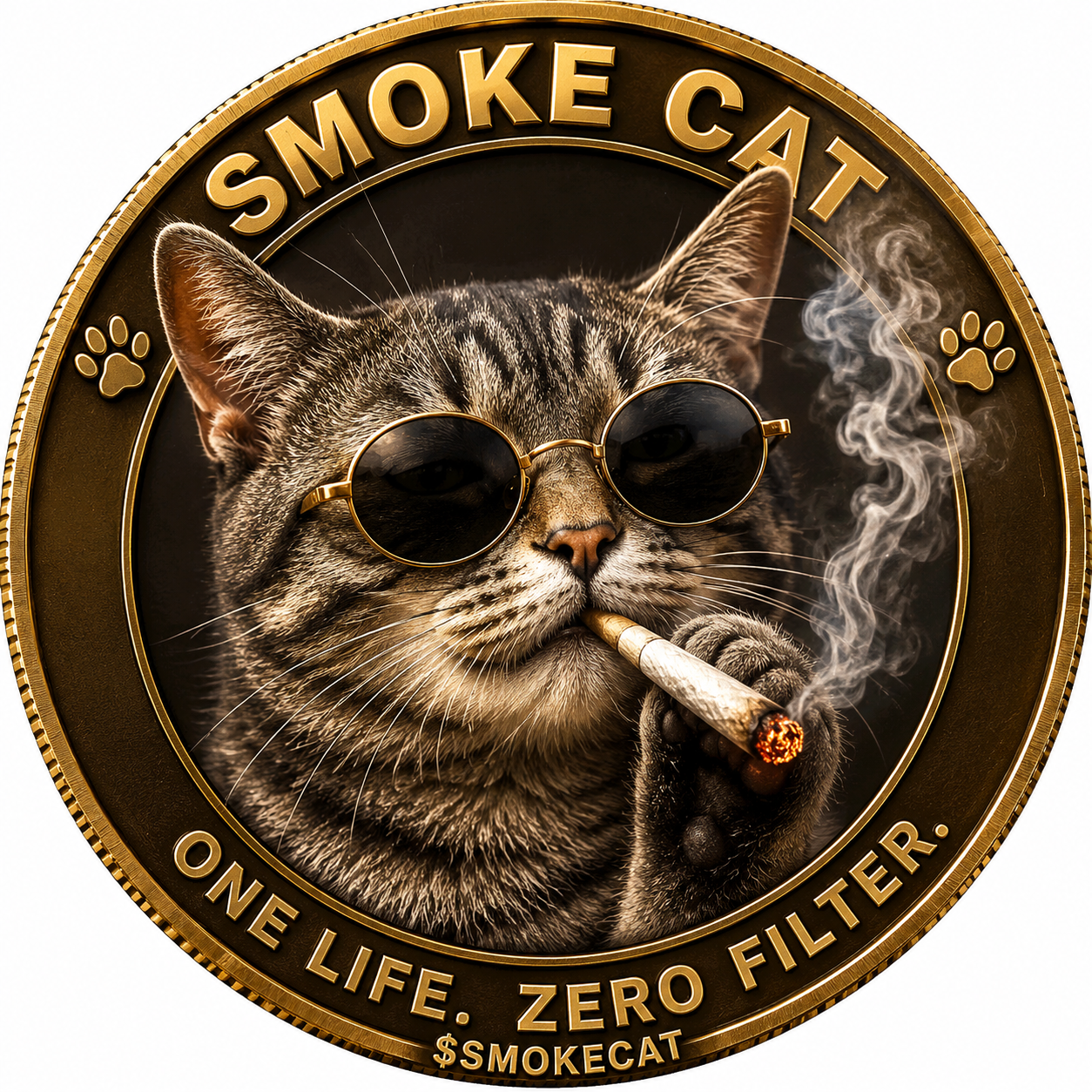 SMOKE CAT commemorative coin — a tabby cat in gold sunglasses smoking a cigar, gold coin border reading ONE LIFE. ZERO FILTER.